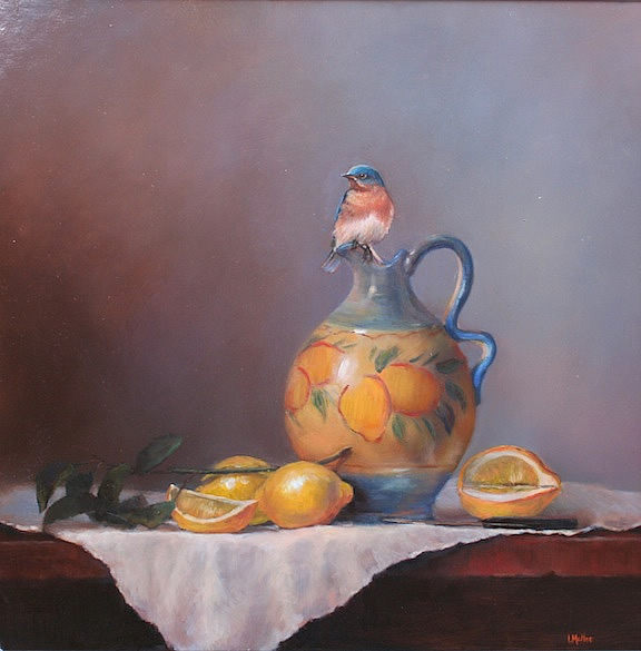 Italian pitcher and lemon oil painting with bluebird